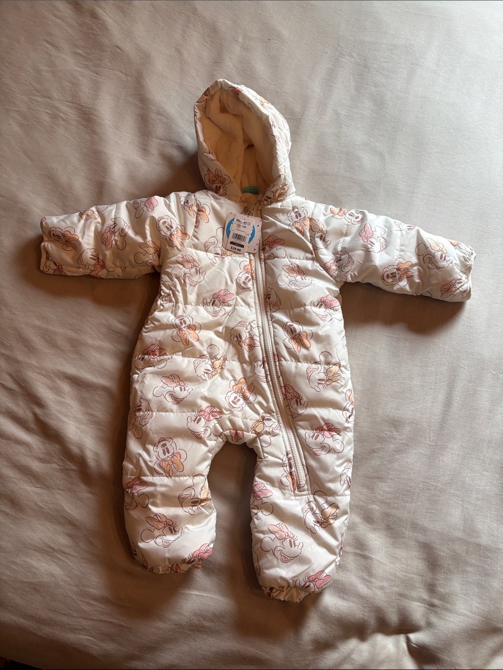 Disney Baby Pink and Cream Minnie Mouse Puffer Snowsuit Lined- 12/18 months NWT